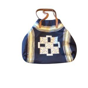 Embroidered Canvas Tote Bag With Leather Handles By Star Mela